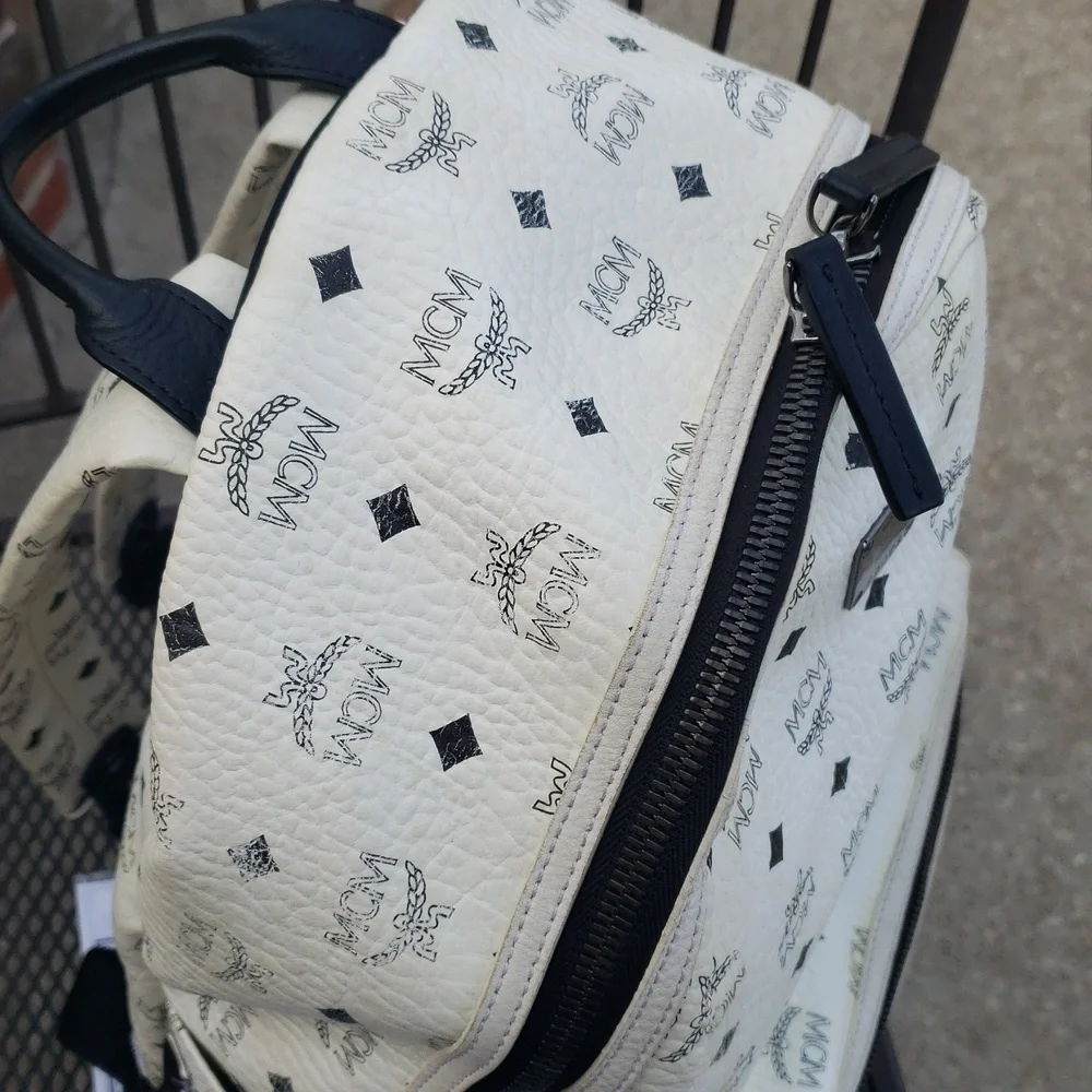 MCM Unisex Visetos Stark Studded Backpack White Black Monogram Luxury